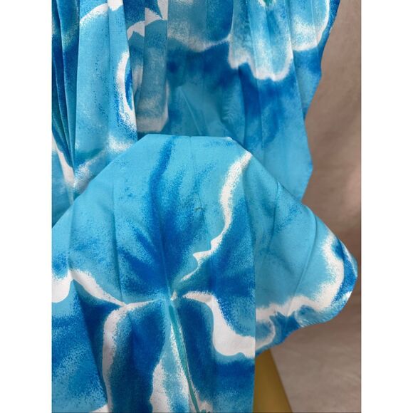 Vintage Hawaiian Kaftan Accordion Pleats Large XL Blue Floral - Picture 10 of 11